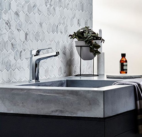 Bathroom Tapware - Basin Mixer hexagon mosaic tiles and stone basin
