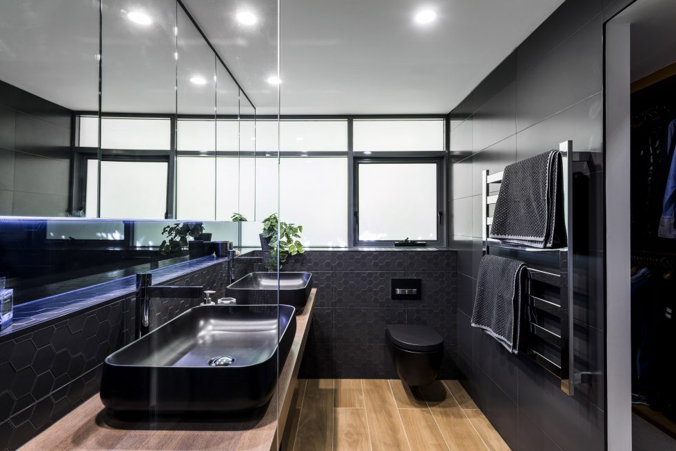 Luxury Bathroom Design Brisbane Australia hexagonal tiles black toilet & basin